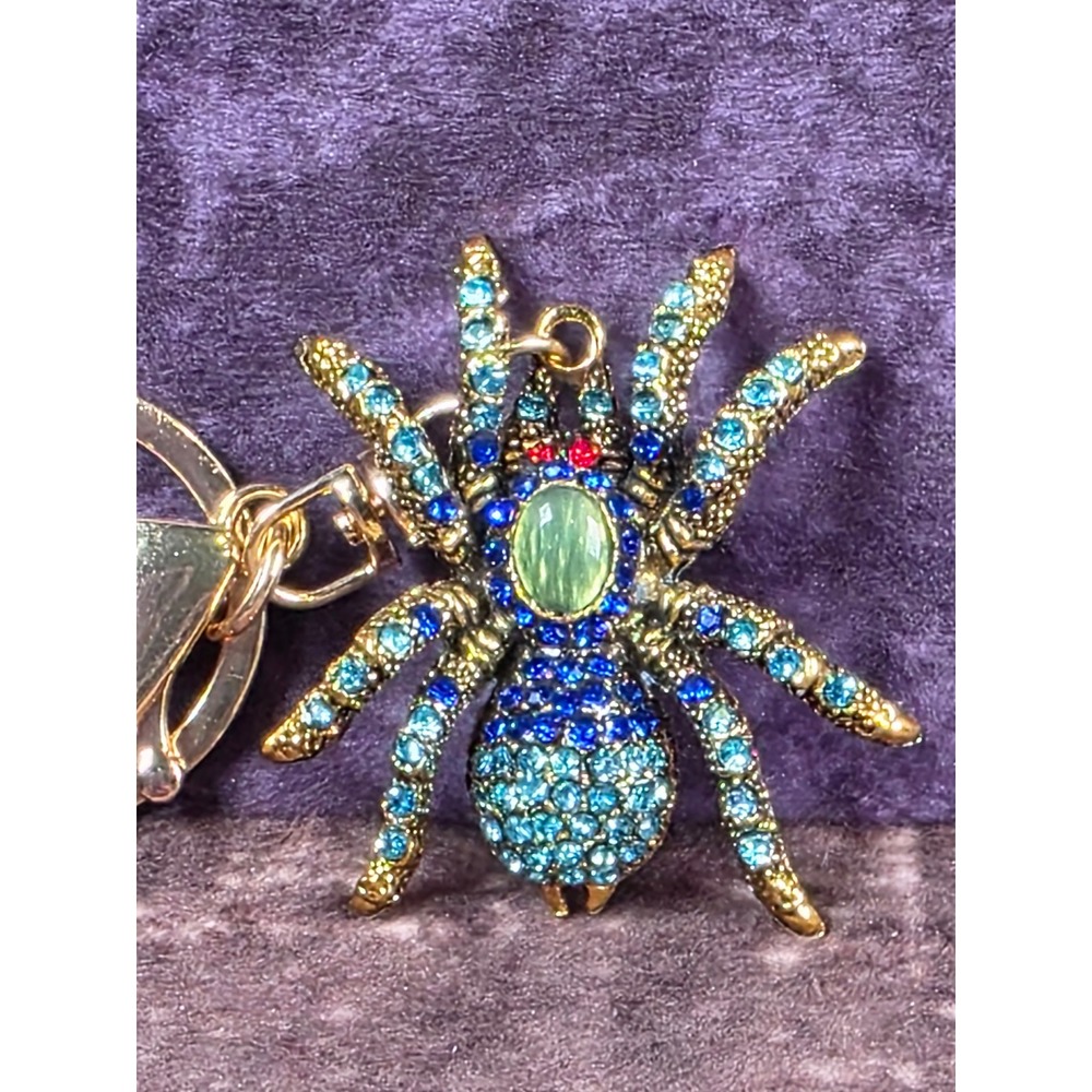 Spider Keychain Gold Tone Blue Rhinestones Jeweled Bug Purse Charm Bling - Picture 4 of 10